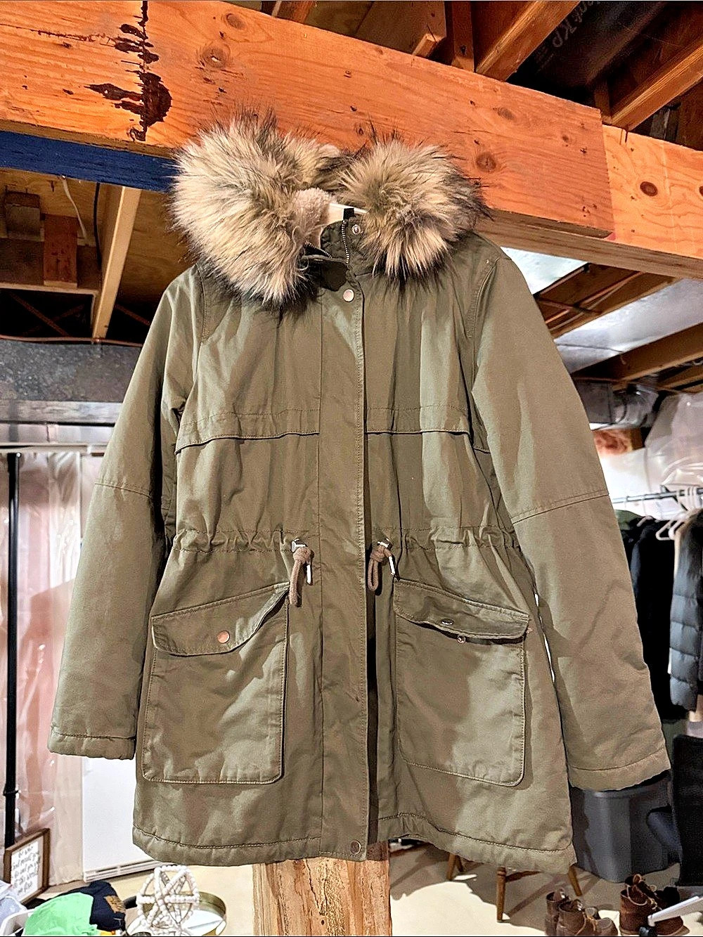 H&M Fur Hood Utility Jacket Green Size Medium